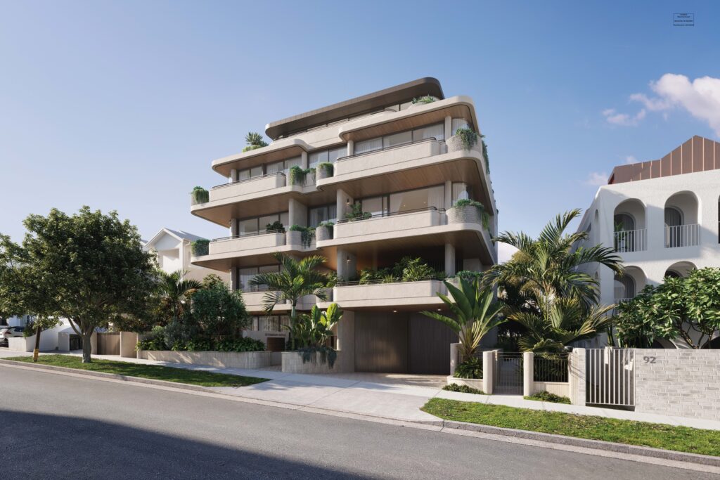 Rendering of the New Bondi Beach Housing Development by PBD Architects, showing a modern five-storey building with curved balconies, extensive greenery, and ground-level landscaping.