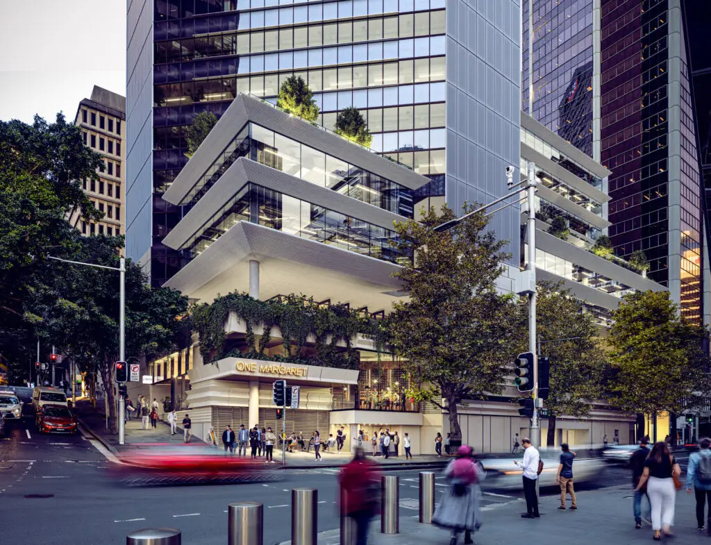 Street view of the proposed 1 Margaret Street redevelopment in Sydney, showcasing a modern eight-storey podium with glass façades, landscaped terraces, and vibrant street activity.