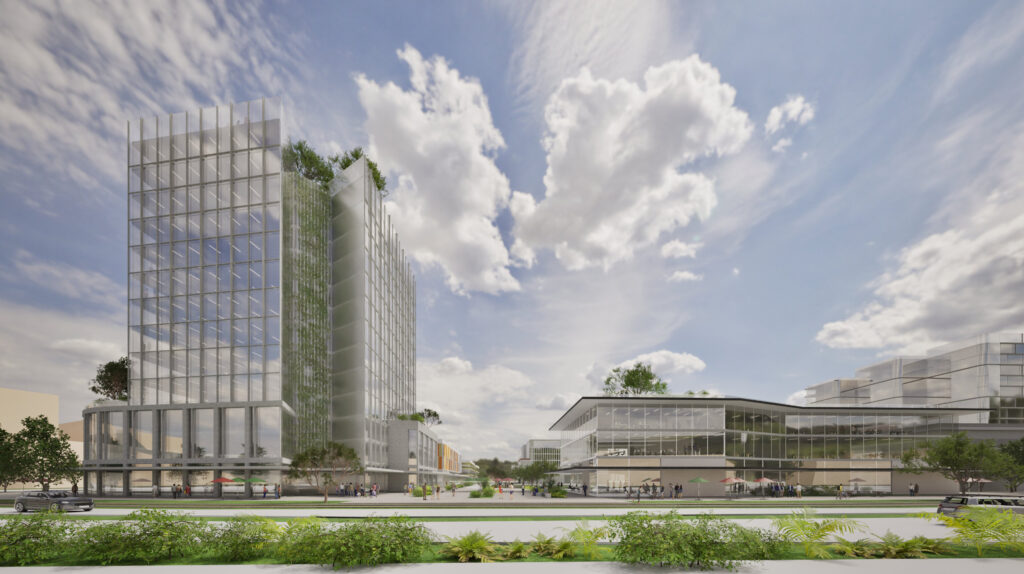 A rendering of modern, glass-clad buildings fronting a promenade, with a tall building on the left and a lower, wide building on the right. The structures are surrounded by green landscaping and trees, with people walking along the pathways and open spaces under a partly cloudy sky.