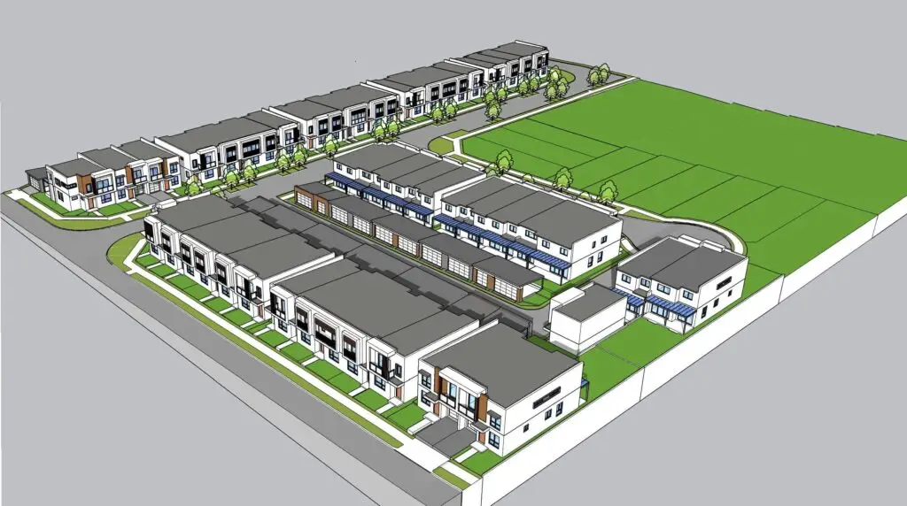 Illustration of a proposed residential development featuring rows of modern two-storey townhouses surrounded by landscaped greenery, roads, and vacant green lots.