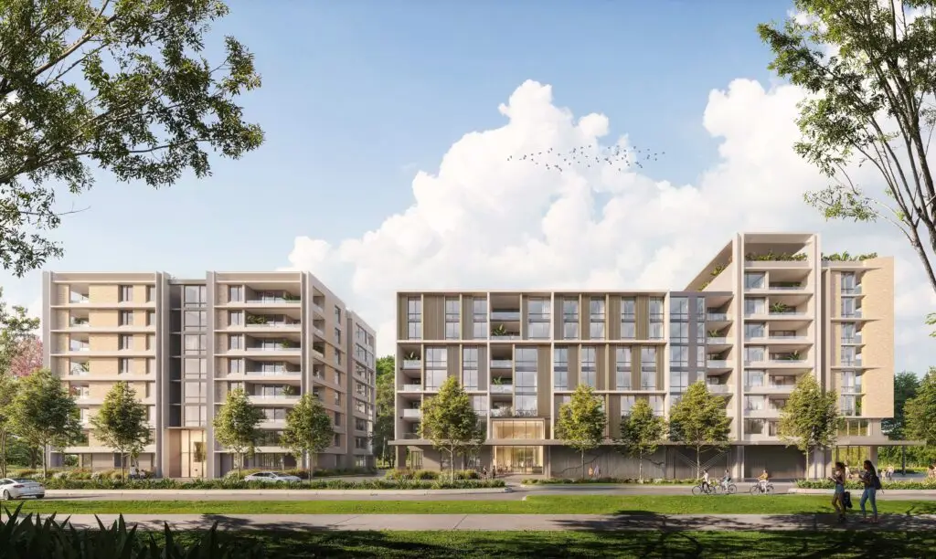 Artist's impression of Zetland development showing modern mid-rise buildings with large windows and balconies, surrounded by greenery and a pedestrian-friendly environment.