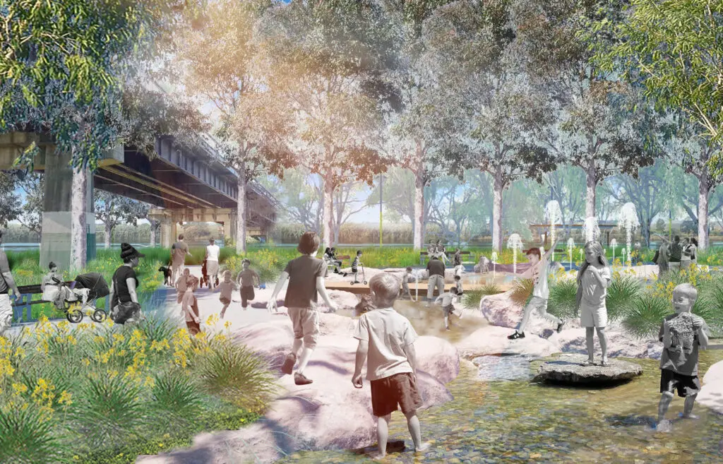 Conceptual image of Light Horse Park upgrades showing children playing in a water feature, adults walking and sitting, and shaded areas with native vegetation under the Light Horse Bridge.