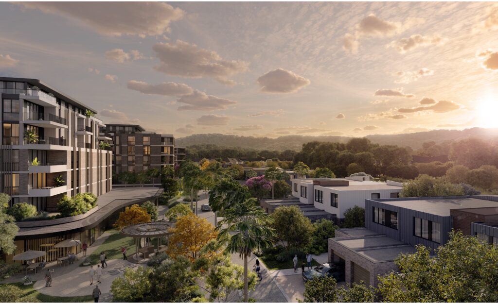 Render of the proposed Tumbi Umbi Retirement Village showing modern multi-storey apartments, villas, landscaped greenery, and a communal gazebo area at sunset, with hills in the background.