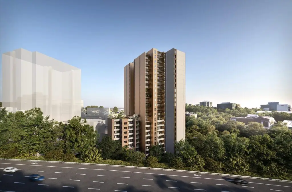 Rendered image of a 24-storey residential building at Lachlan's Line in Macquarie Park, surrounded by greenery and urban structures, with the M2 Motorway in the foreground.