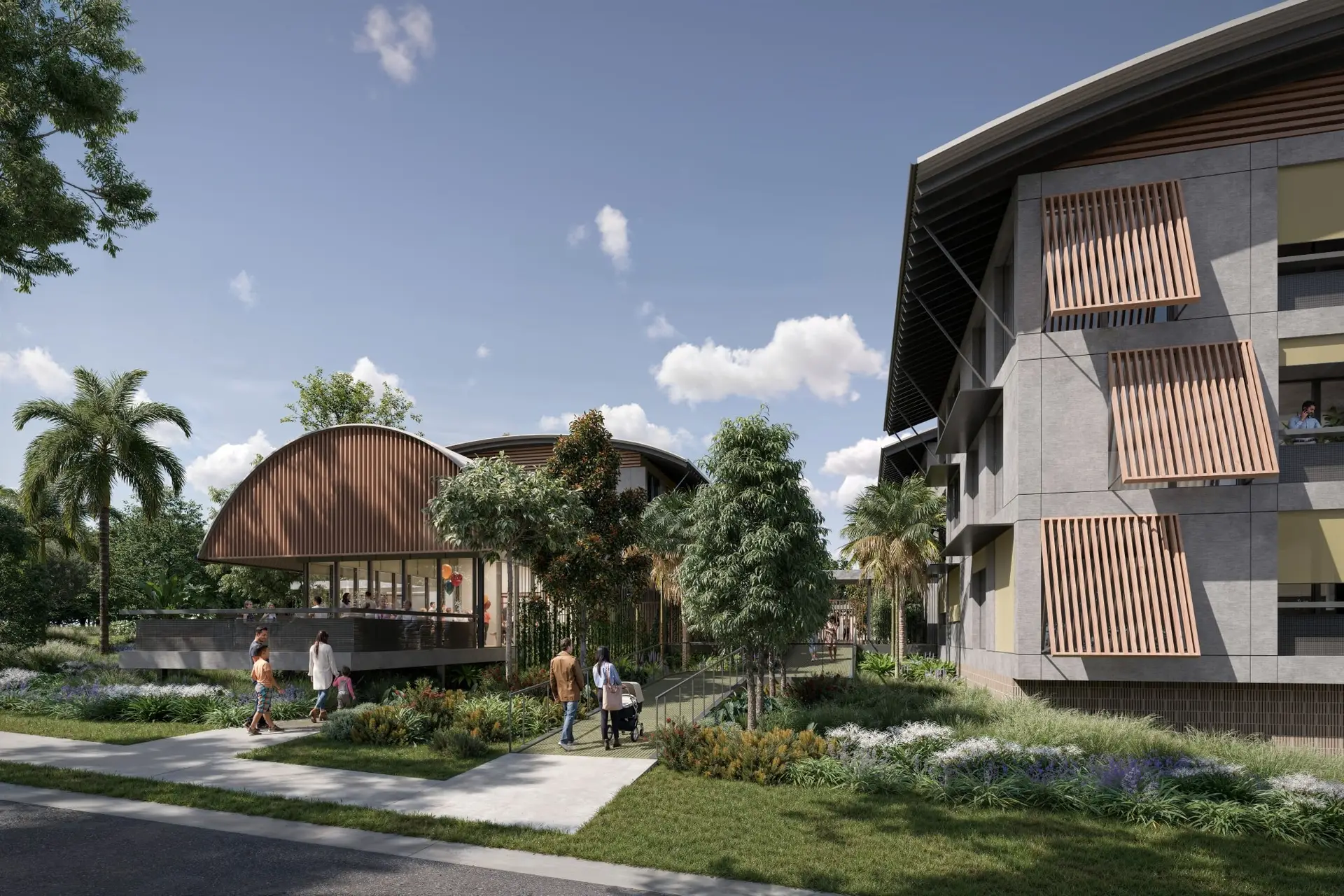Artist’s impression of a contemporary residential development featuring landscaped gardens, a curved-roof communal building, and a multi-storey apartment complex with timber slat shading. Pedestrians walk along a path surrounded by lush greenery and mature trees under a clear blue sky.