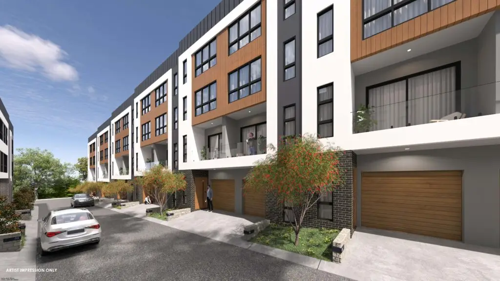 Artist's impression of a modern multi-storey townhouse complex featuring four-story buildings with large windows and private balconies. The facades are designed with a mix of white, wood, and dark grey elements. Small landscaped areas with shrubs and trees are situated along the sidewalk. Vehicles are parked along the driveway, and residents are seen engaging in daily activities outside their homes.