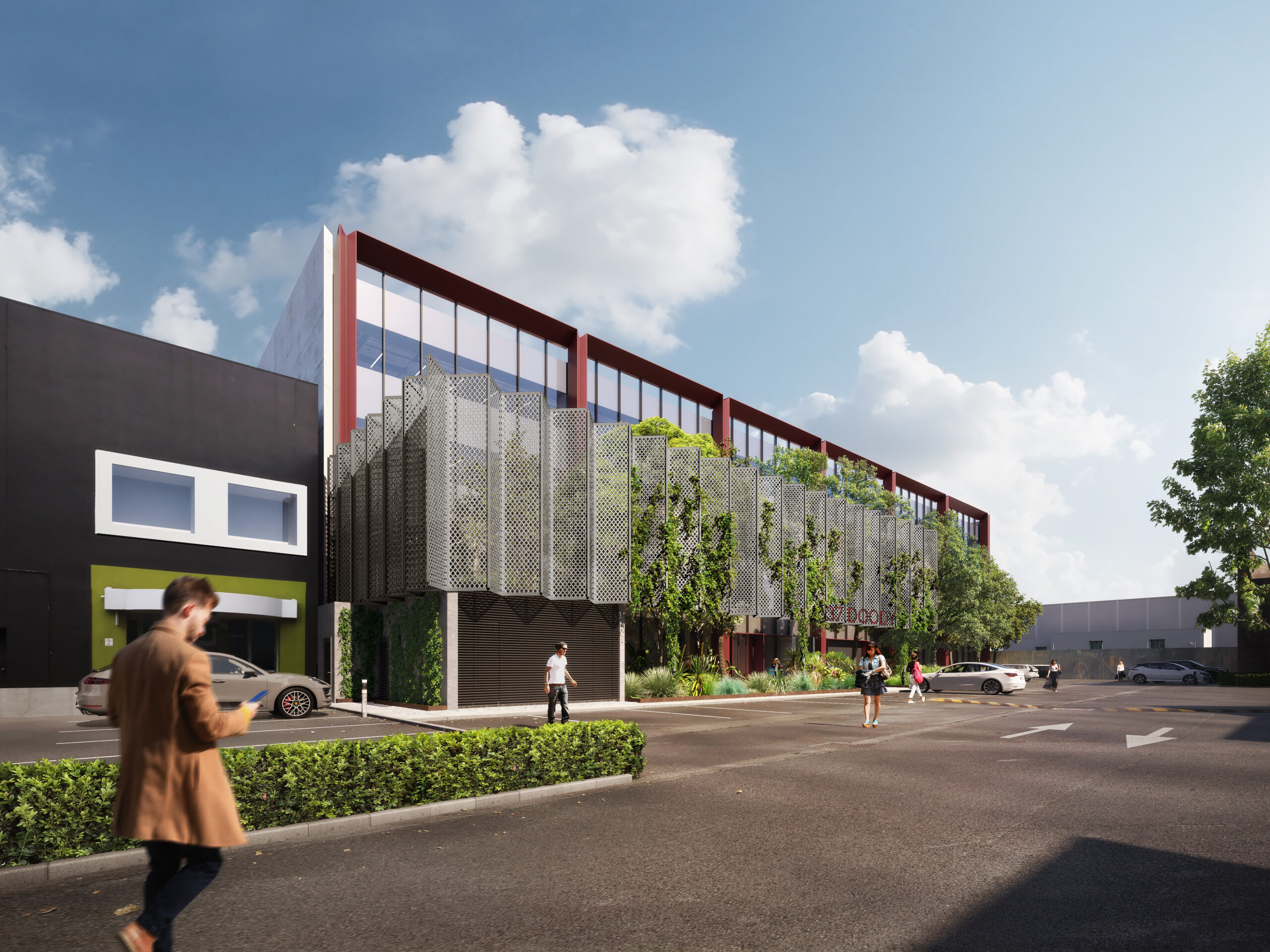 Artistic impression of a four-storey modern office building with green facade and landscaped surroundings in Alexandria