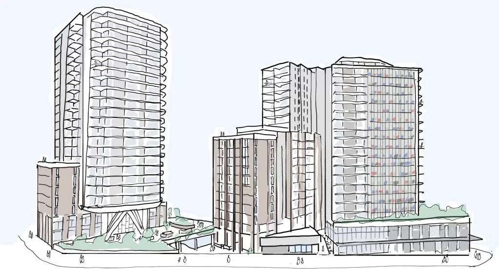 Illustration of three contemporary multi-storey residential towers, surrounded by landscaped public plazas and pathways. The towers vary in height, with a sleek and modern architectural style, featuring glass facades and podium levels.