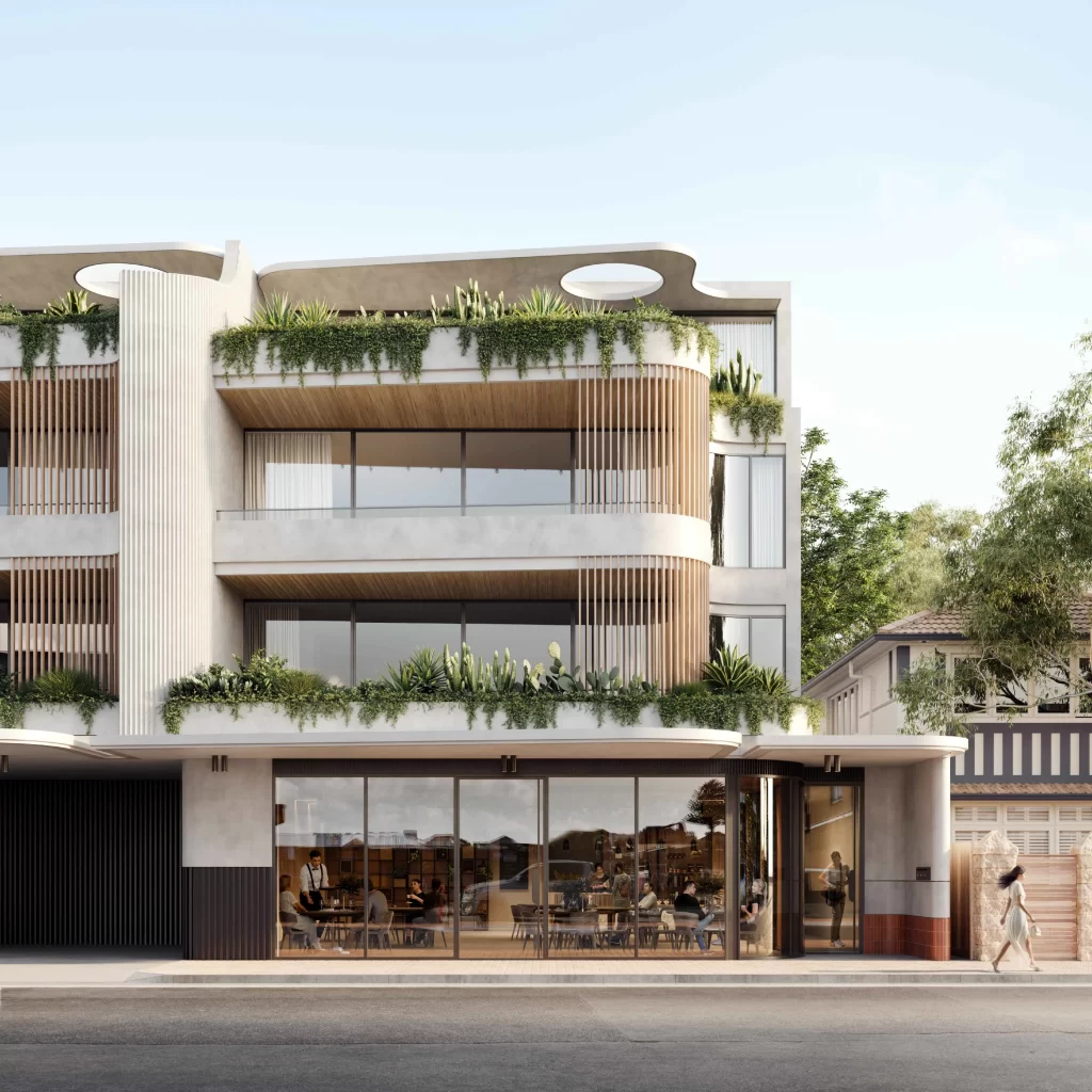 Modern multi-storey building with curved balconies, vertical timber slats, greenery on terraces, and a ground-floor café with glass windows. Residential levels include plants and outdoor spaces. A traditional house is visible beside the structure.