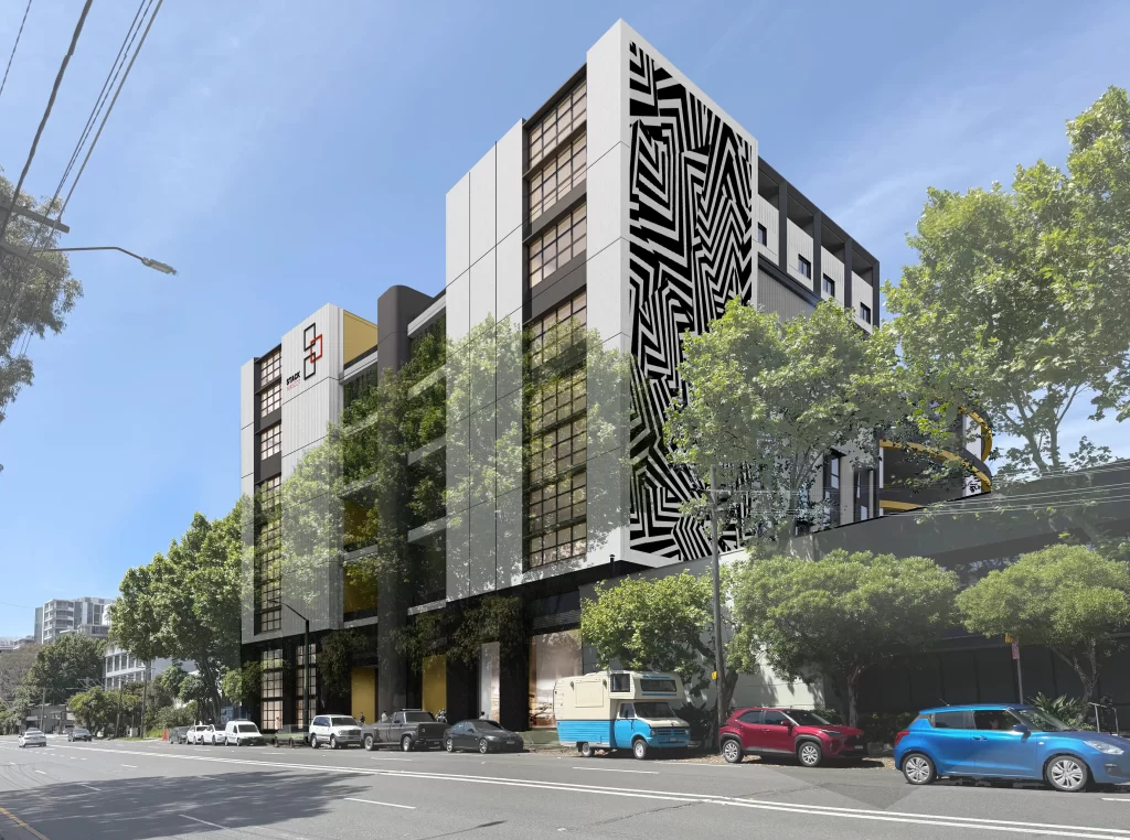 Proposed mixed-use development at 32-34 Ricketty Street, Mascot, featuring a modern seven-storey structure with geometric facade artwork and landscaped green elements integrated into the building design.