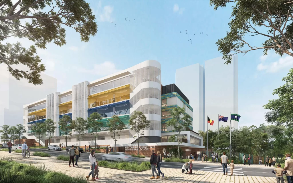 Architectural rendering of the proposed Midtown Macquarie Park Primary School featuring a modern five-storey building with colourful outdoor learning areas, surrounded by trees, pedestrians, and flagpoles displaying the Aboriginal, Australian, and Torres Strait Islander flags.