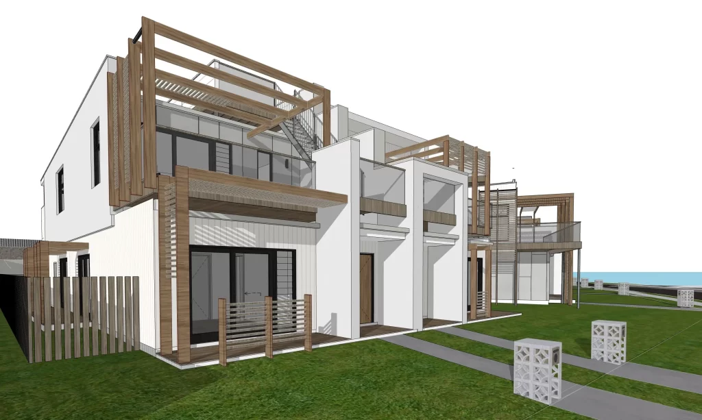 Architectural rendering of modern two-storey townhouses with wood accents, large windows, and rooftop terraces, set within a landscaped coastal environment.