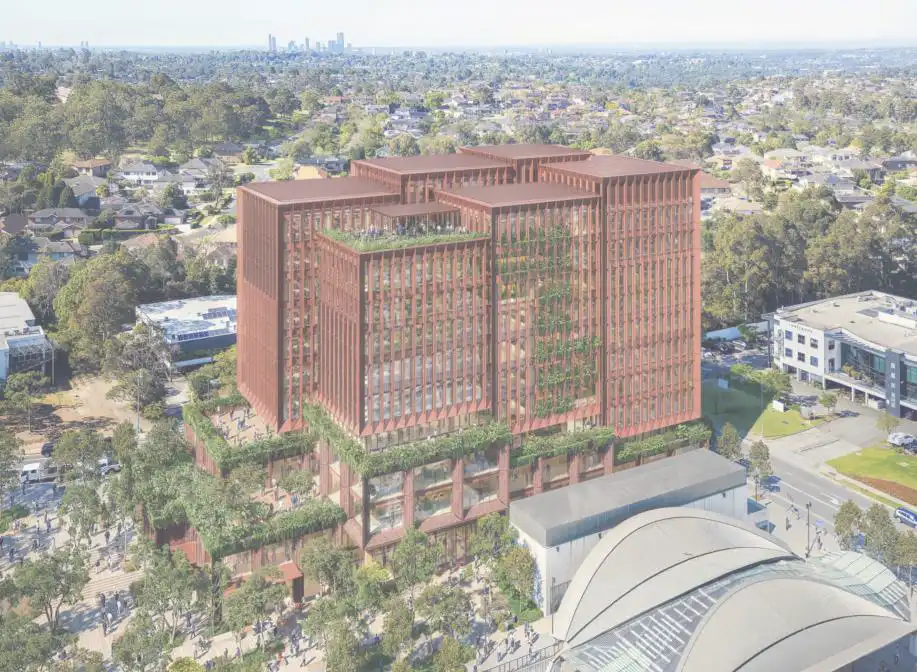 Digital rendering of an 11-storey commercial tower in Norwest, featuring red façades and green terraces, located next to Norwest Metro Station and surrounded by urban and suburban environments.