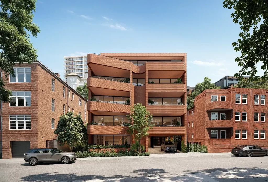 Proposed luxury residential building at Billyard Avenue, Elizabeth Bay, featuring a contemporary brick façade with curved balconies, flanked by heritage-style red-brick buildings