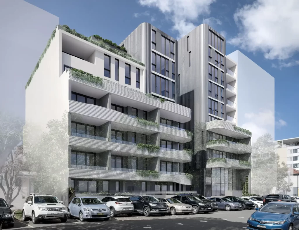 A photomontage of a modern mixed-use development at 6-10 Bowral Street, Kensington. The image showcases a ten-storey shop-top housing project with a contemporary facade featuring balconies, greenery, and large glass windows. Parked cars line the street, and adjacent high-rise buildings are partially visible in the background. The sky is clear with scattered clouds.