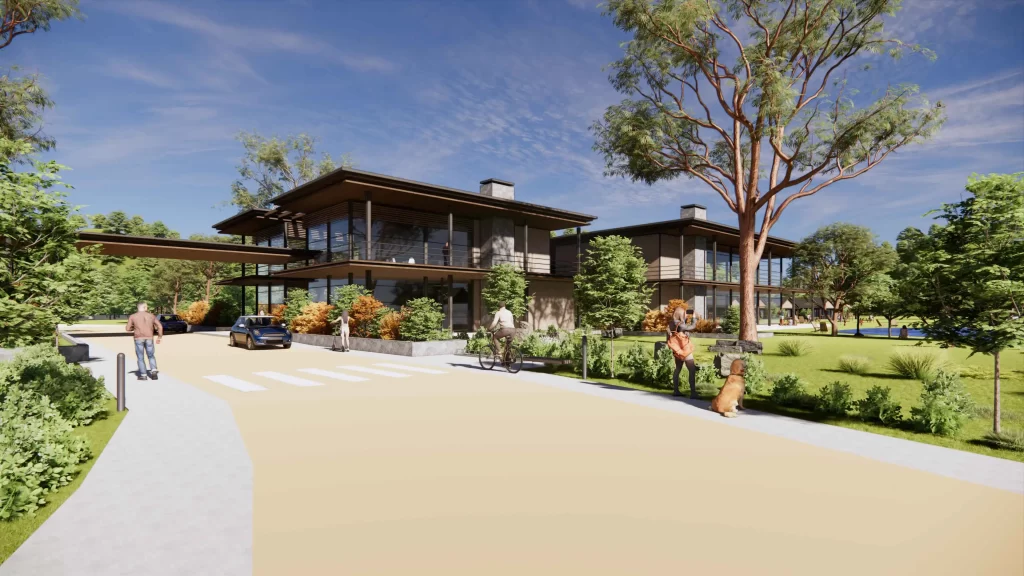 Architectural rendering of a modern eco-tourism resort featuring two-story lodges with large glass windows and wooden finishes. The scene includes lush greenery, a pedestrian walkway, cyclists, and people engaging in outdoor activities under a clear blue sky.