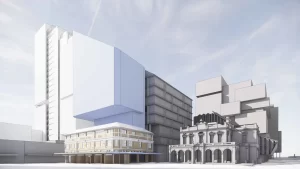 Proposed redevelopment of the Murrays' Building in Parramatta showing a heritage façade with a large cantilevered modern addition above, situated next to surrounding structures in Centenary Square.