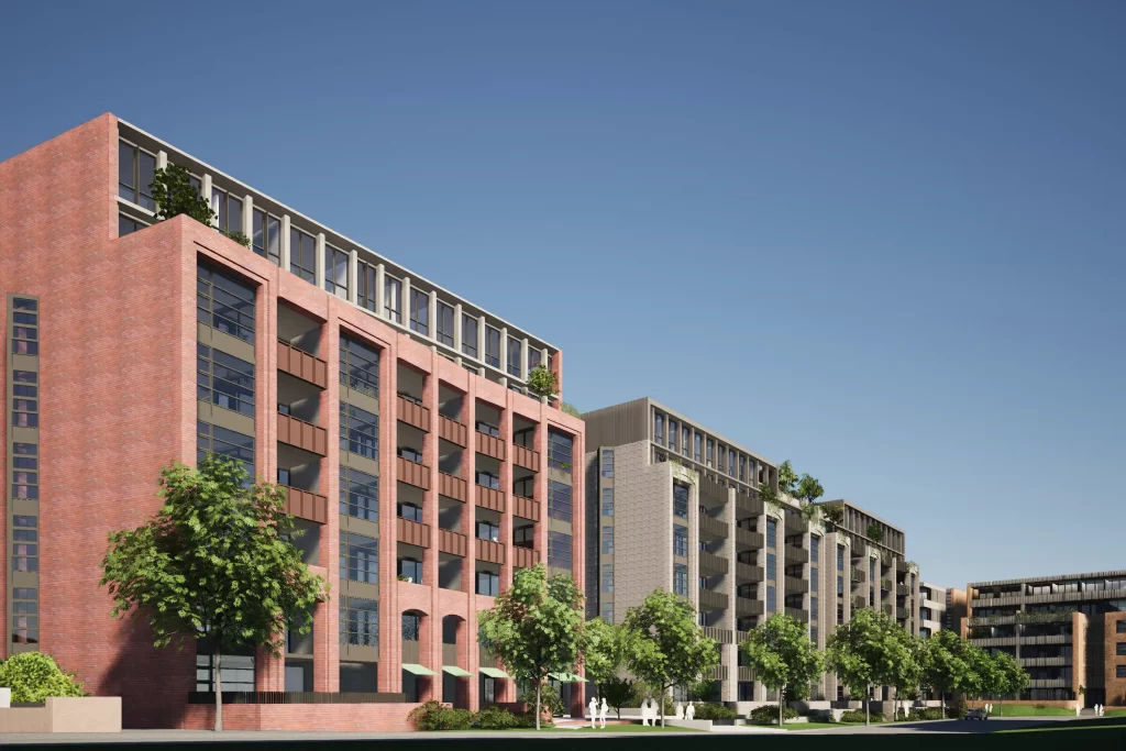 Architectural rendering of a proposed residential development featuring modern six to eight-storey buildings with a mix of brick and neutral façades, surrounded by greenery and open communal spaces under a clear blue sky.