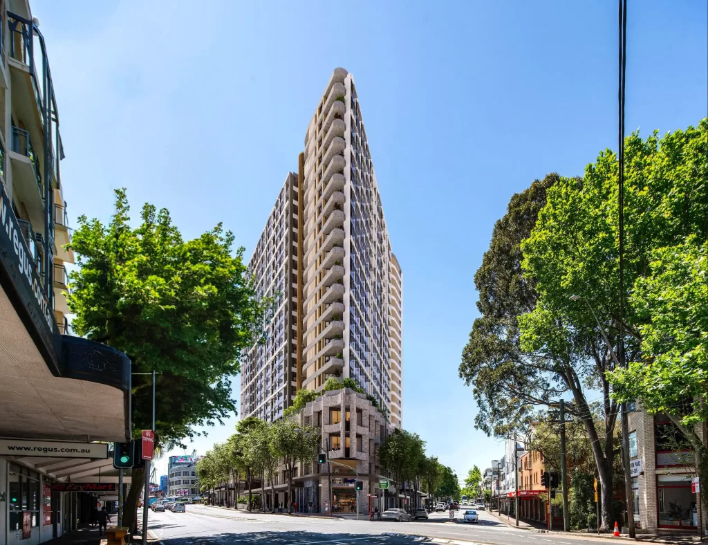 Rendering of the Five Ways mixed-use development in Crows Nest, featuring a 22-storey modern building with balconies, ground-level retail spaces, and surrounding streetscape.