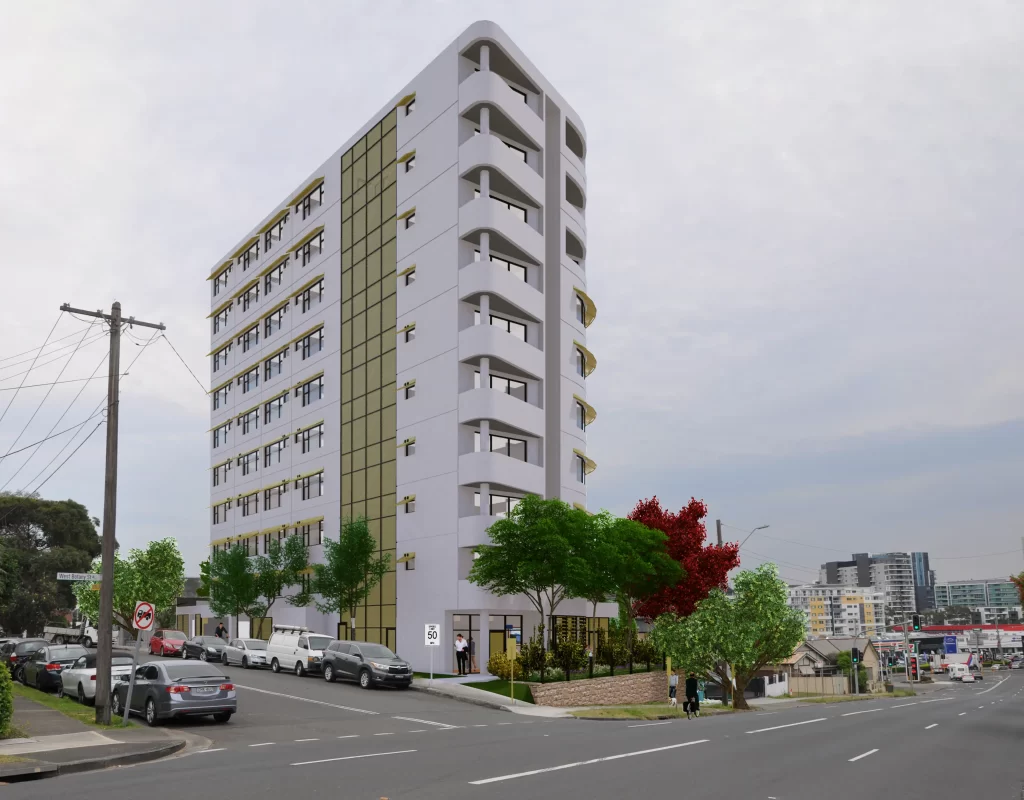 Proposed 10-storey co-living development at the corner of West Botany Street and Duncan Street in Arncliffe, featuring a modern curved façade, landscaped surroundings, and street-level pedestrian access.