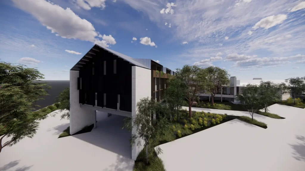 Architectural rendering of the proposed Crossroads Hotel redevelopment featuring a modern three-storey building with black and white façades, surrounded by landscaped greenery and a clear blue sky