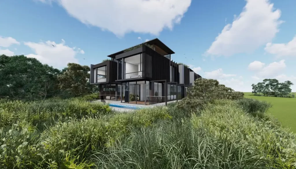 Modern two-storey dwelling surrounded by lush native vegetation, featuring sleek black and glass exterior elements, rooftop greenery, and expansive windows.