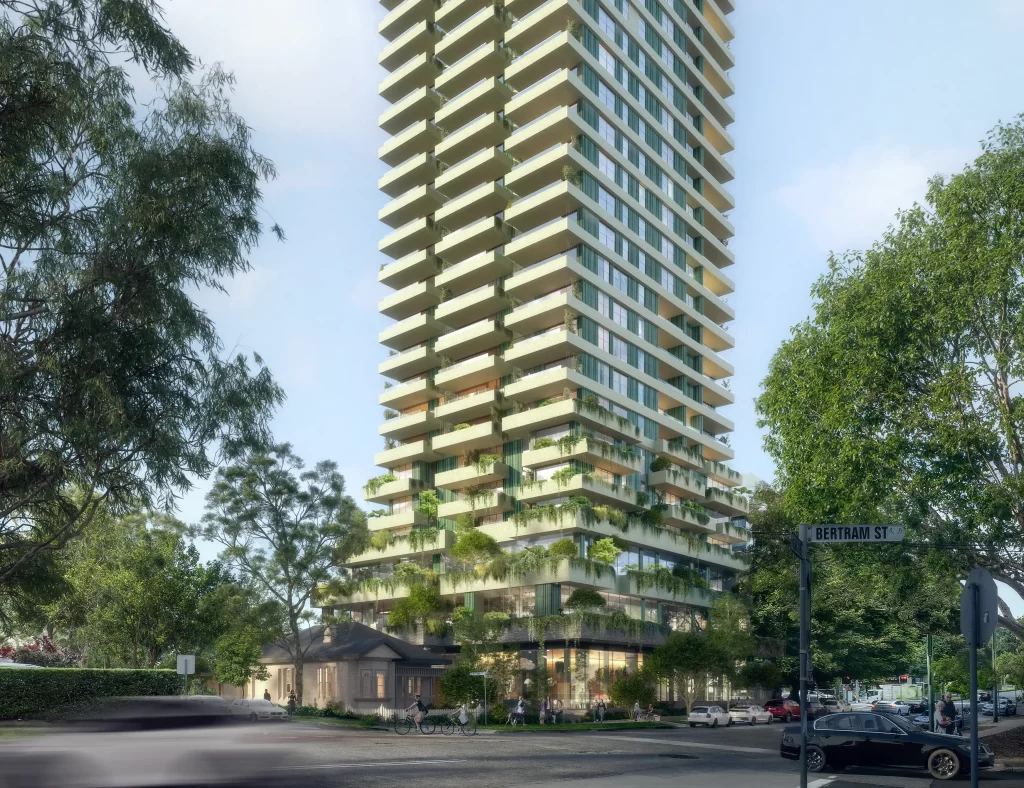 Proposed Chatswood high-rise development featuring a modern 90-metre residential tower with prominent horizontal architectural bands, lush greenery integrated into the facade, and a heritage building in the foreground on a tree-lined street corner at Bertram Street.