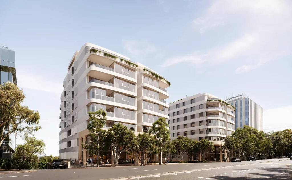 Architectural rendering of a proposed seniors living development at 126, 130-134 Pacific Highway, Greenwich, featuring two eight-storey buildings with modern design, landscaped balconies, and commercial spaces on the ground floor, set along a tree-lined street.