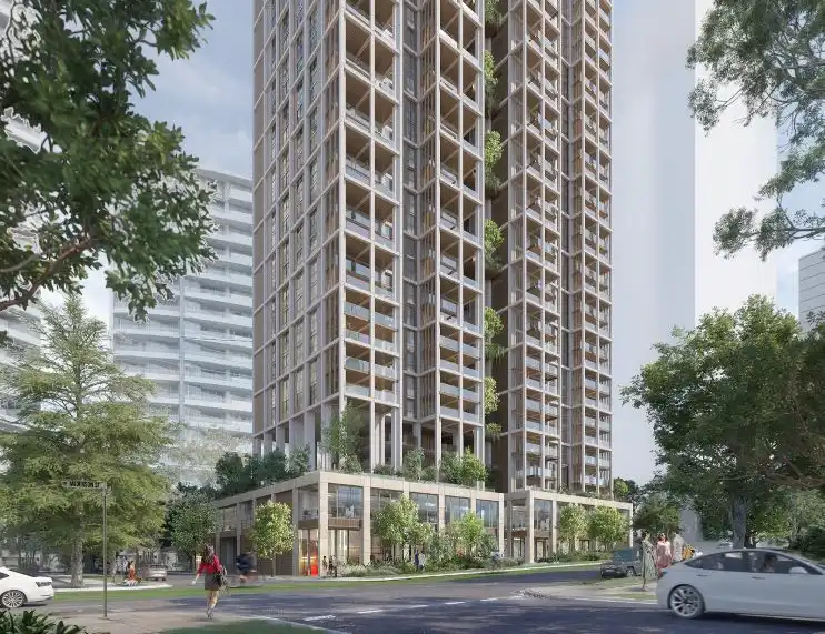 Architectural rendering of a proposed 33-storey mixed-use development in Chatswood, featuring a modern facade with large glass windows, natural wood finishes, and integrated greenery. The podium level includes commercial spaces, landscaped terraces, and pedestrian walkways, with cyclists and pedestrians activating the streetscape.