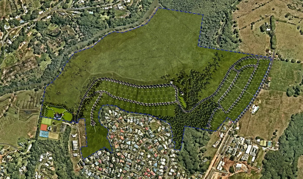 Aerial view of a proposed residential development site in Terranora, Tweed Shire. The image outlines the planned subdivision, showing a layout of residential lots, roads, and open green spaces surrounded by natural wetlands and nearby rural properties.