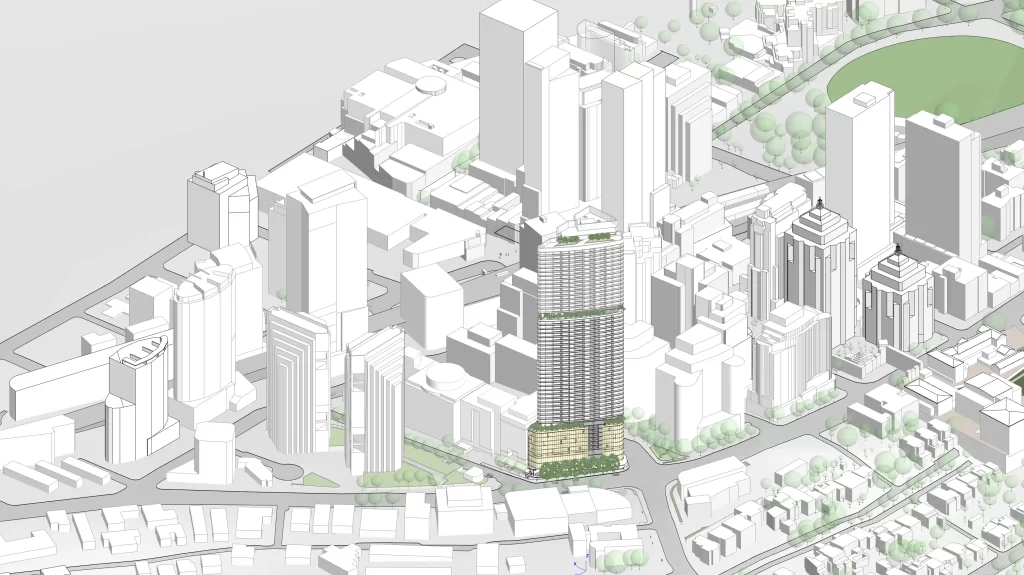 A 3D architectural rendering of a proposed 54-storey Build-to-Rent tower at 815 Pacific Highway, Chatswood. The high-rise building is highlighted in color against a grayscale cityscape, showing its scale compared to surrounding structures. The rendering includes green rooftop spaces and landscaped areas at the podium level, with nearby streets, parks, and existing buildings visible.