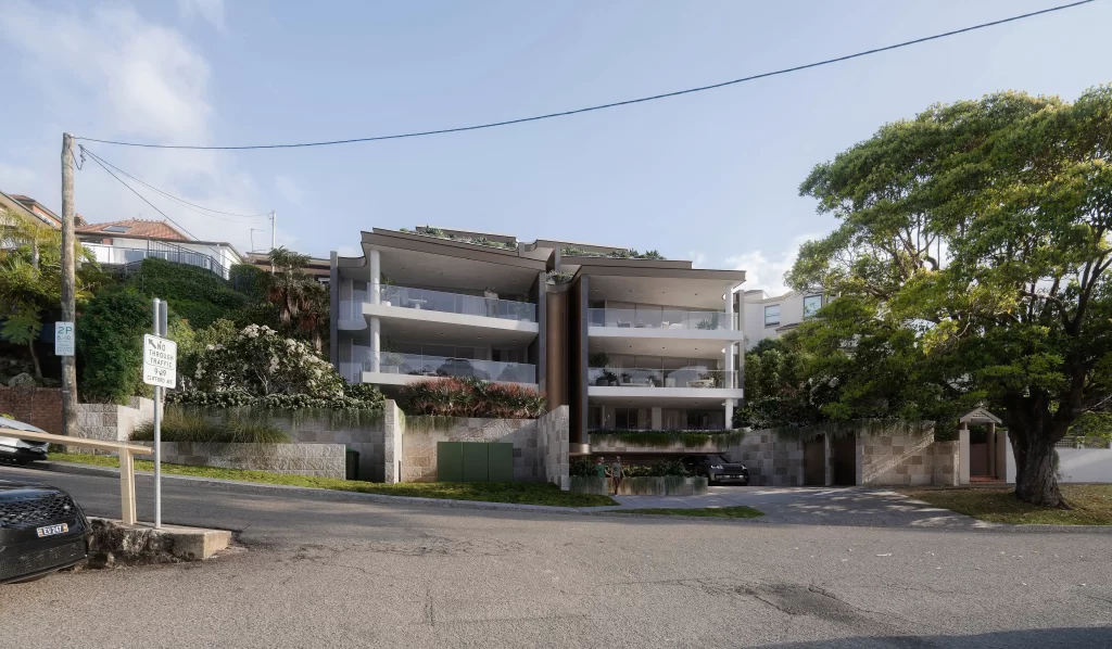 Front view of a proposed residential flat development in Fairlight, featuring two modern pavilions with large balconies and landscaped surroundings. The building steps down to align with the site's natural slope, with a tree and street signs visible in the foreground.