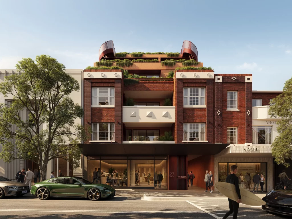 A proposed five-storey heritage-inspired development on Hall Street, Bondi Beach, featuring a preserved brick façade with modern rooftop greenery and architectural accents.