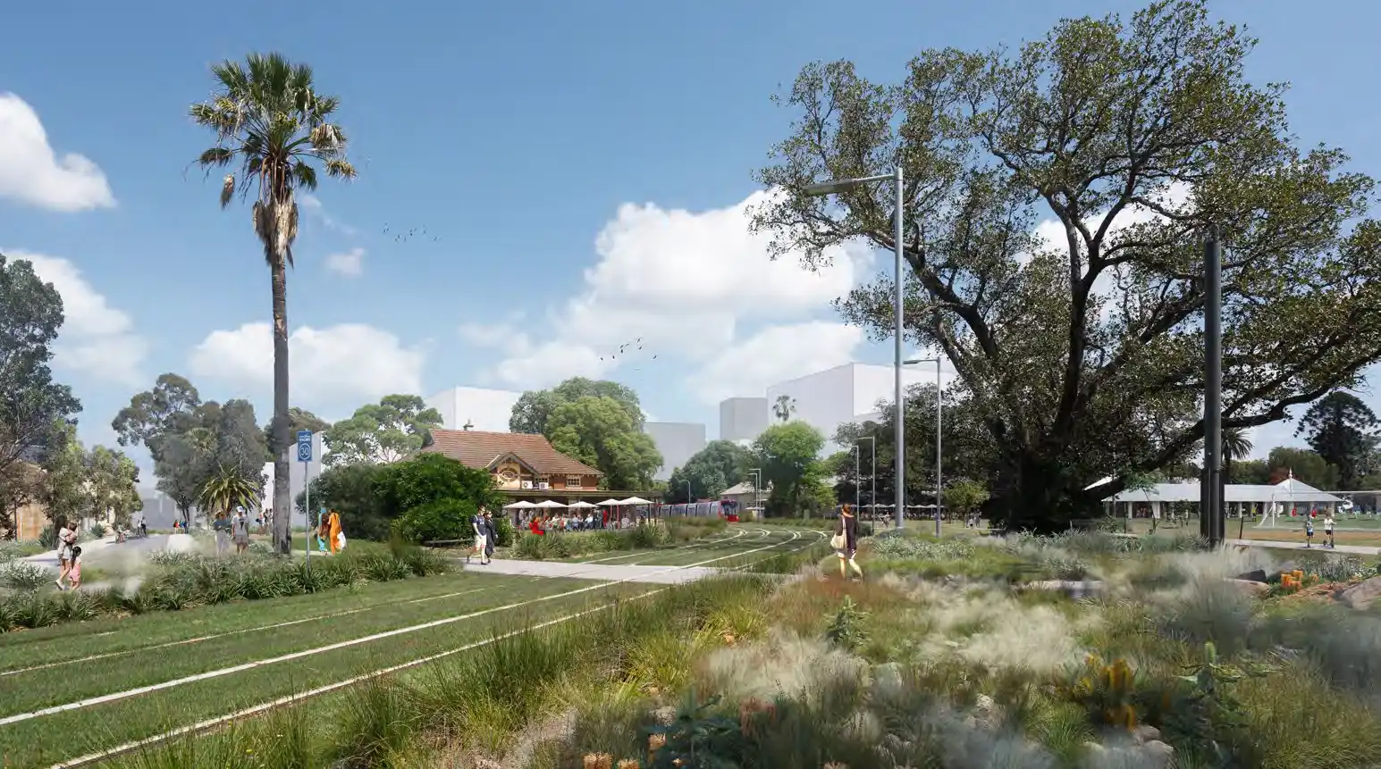 Artist's impression of the Parramatta North Precinct, featuring landscaped greenery, a walking path, a historic building, and people enjoying the open space under clear blue skies.