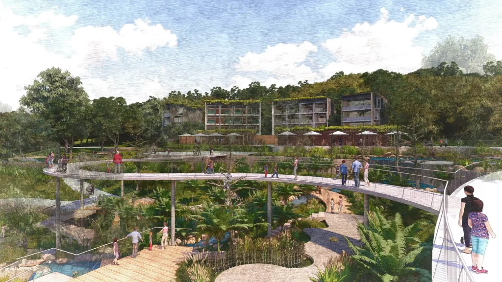 An artistic rendering of the proposed Blue Mountains Wildlife Park in Wentworth Falls, NSW. The image showcases an elevated boardwalk winding through lush greenery, with visitors exploring the park. In the background, modern eco-friendly accommodation buildings with green rooftops blend into the forested landscape.