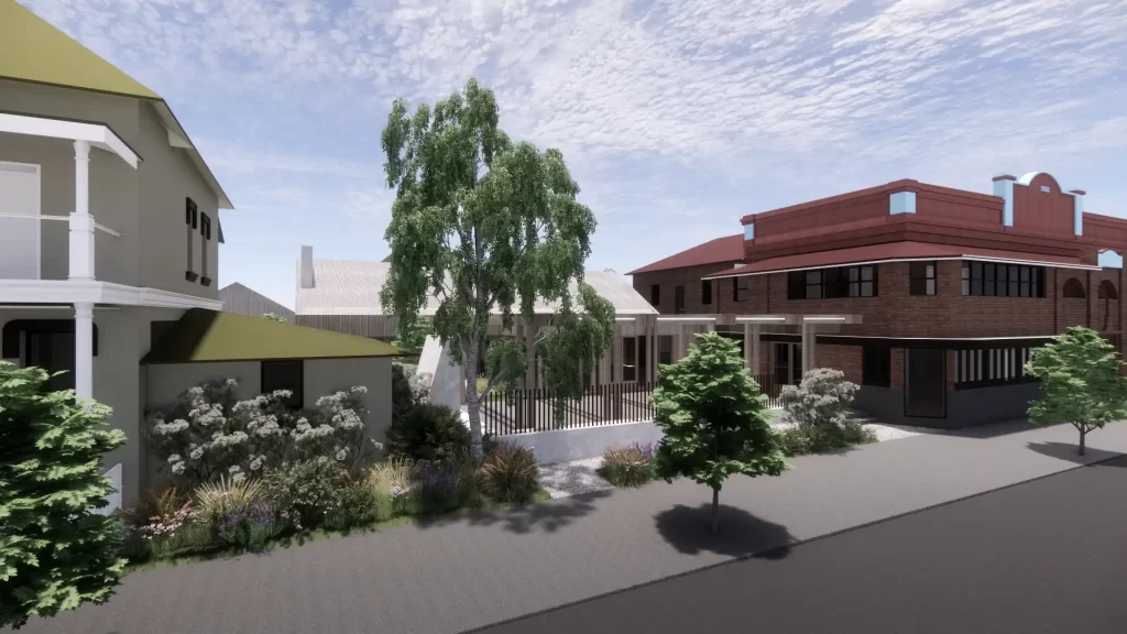 Architectural rendering of the proposed Berry Hotel redevelopment, showcasing a modern extension with a mix of heritage and contemporary design elements. The image features a tree-lined street, landscaped gardens, and a blend of traditional brickwork with modern structures.