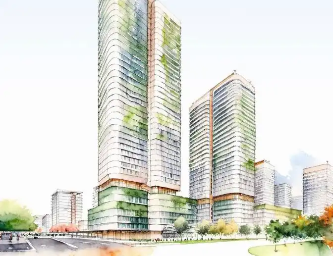 A conceptual architectural rendering of a high-rise mixed-use development featuring three modern towers with green terraces and glass facades. The design incorporates landscaped podium levels and integrates greenery throughout the structures. The towers are set in an urban environment with wide streets, pedestrian pathways, and surrounding low-rise buildings.