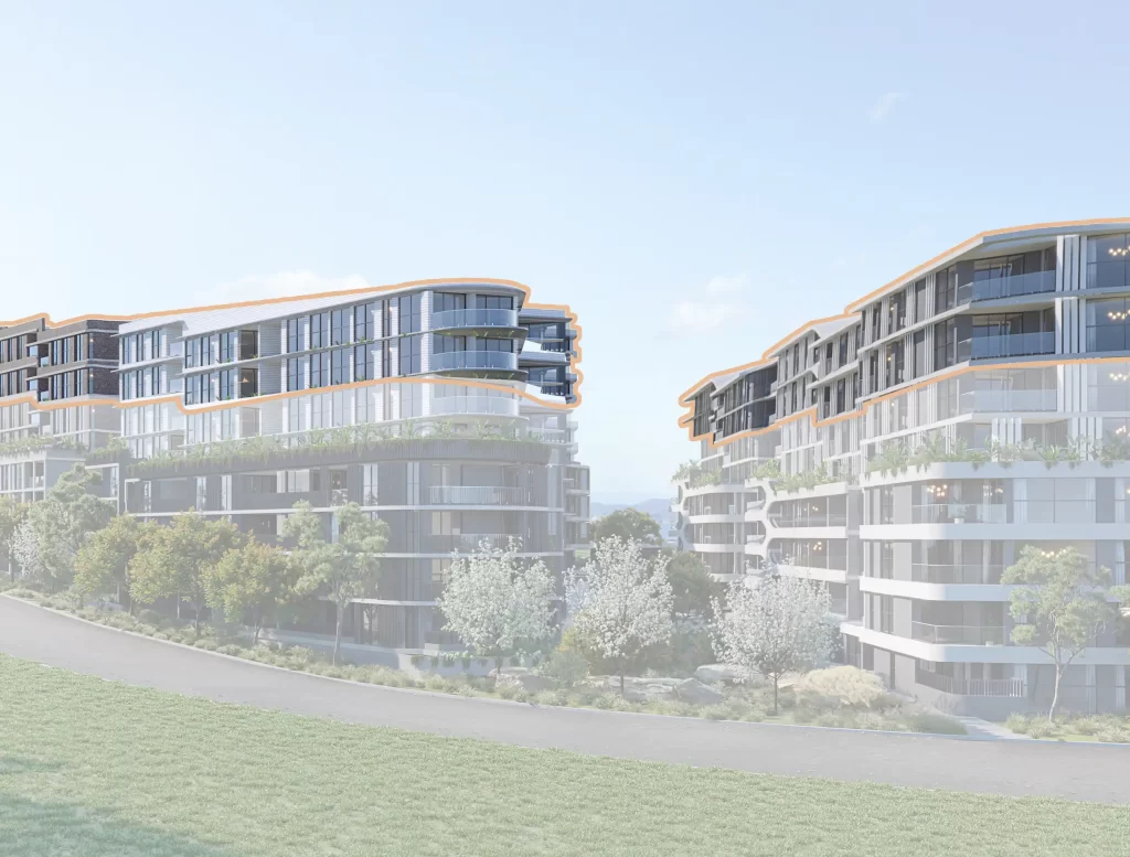 A digital rendering of a proposed residential development in Castle Hill, showing multiple modern apartment buildings with curved facades, large glass windows, and greenery on balconies. The upper levels are outlined in orange, indicating an expansion.