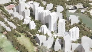 Aerial view of the proposed Norwest Quarter masterplan, featuring multiple high-rise residential and commercial towers surrounded by green spaces, water features, and existing buildings in Norwest, Sydney.