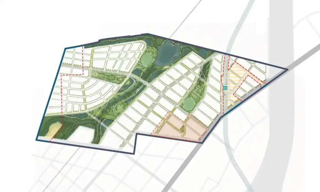 Concept masterplan of Sydney Science Park in Luddenham, showing a proposed mixed-use precinct with residential, commercial, and green spaces. The layout includes tree-lined streets, parklands, a riparian corridor, and a metro station connection. The site is outlined in blue, with key infrastructure and road networks marked in red.