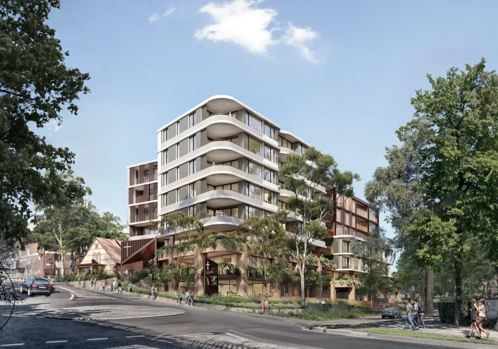 Rendering of an eight-storey mixed-use development at 2-10 Finlayson Street, Lane Cove, featuring modern architecture with curved facades, integrated with the heritage-listed St. Andrew’s Anglican Church Hall. The building is surrounded by trees and landscaped areas, with pedestrians and vehicles in the foreground.