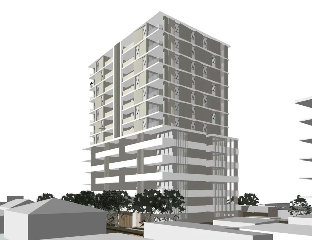 Architectural rendering of a proposed 13-storey affordable housing building at 25–27 Boyd Street, Tweed Heads, showing a modern design with vertical and horizontal elements, surrounded by trees and nearby structures.