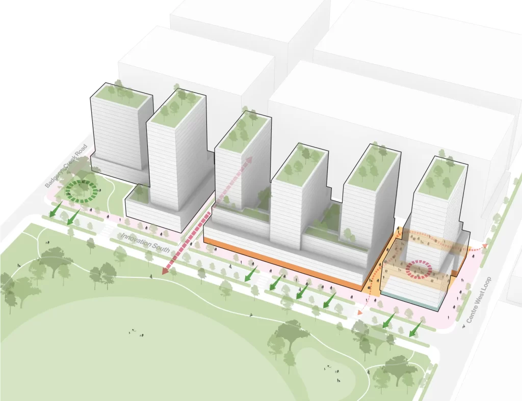 A conceptual rendering of a proposed mixed-use development at 135 Badgerys Creek Road, Bradfield. The image showcases a series of high-rise buildings with green rooftop terraces, adjacent to a large public park. The layout includes pedestrian pathways, landscaped green spaces, and key access roads labeled "Innovation South" and "Centre West Loop." The design highlights connectivity between buildings and the surrounding environment, with public gathering spaces integrated into the precinct.