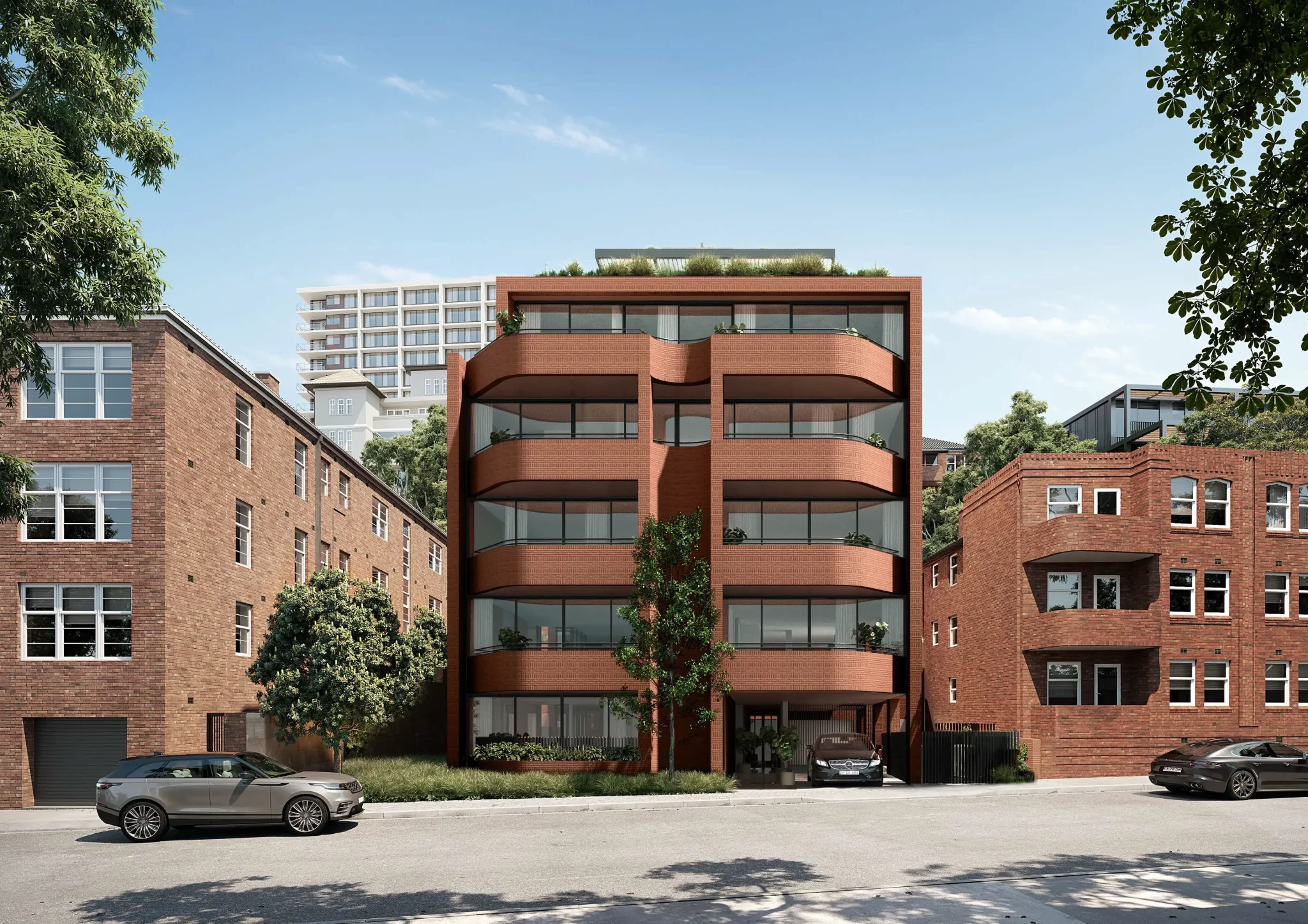 A modern red-brick residential building with curved balconies, set between two older brick apartment buildings on a quiet tree-lined street in Elizabeth Bay.