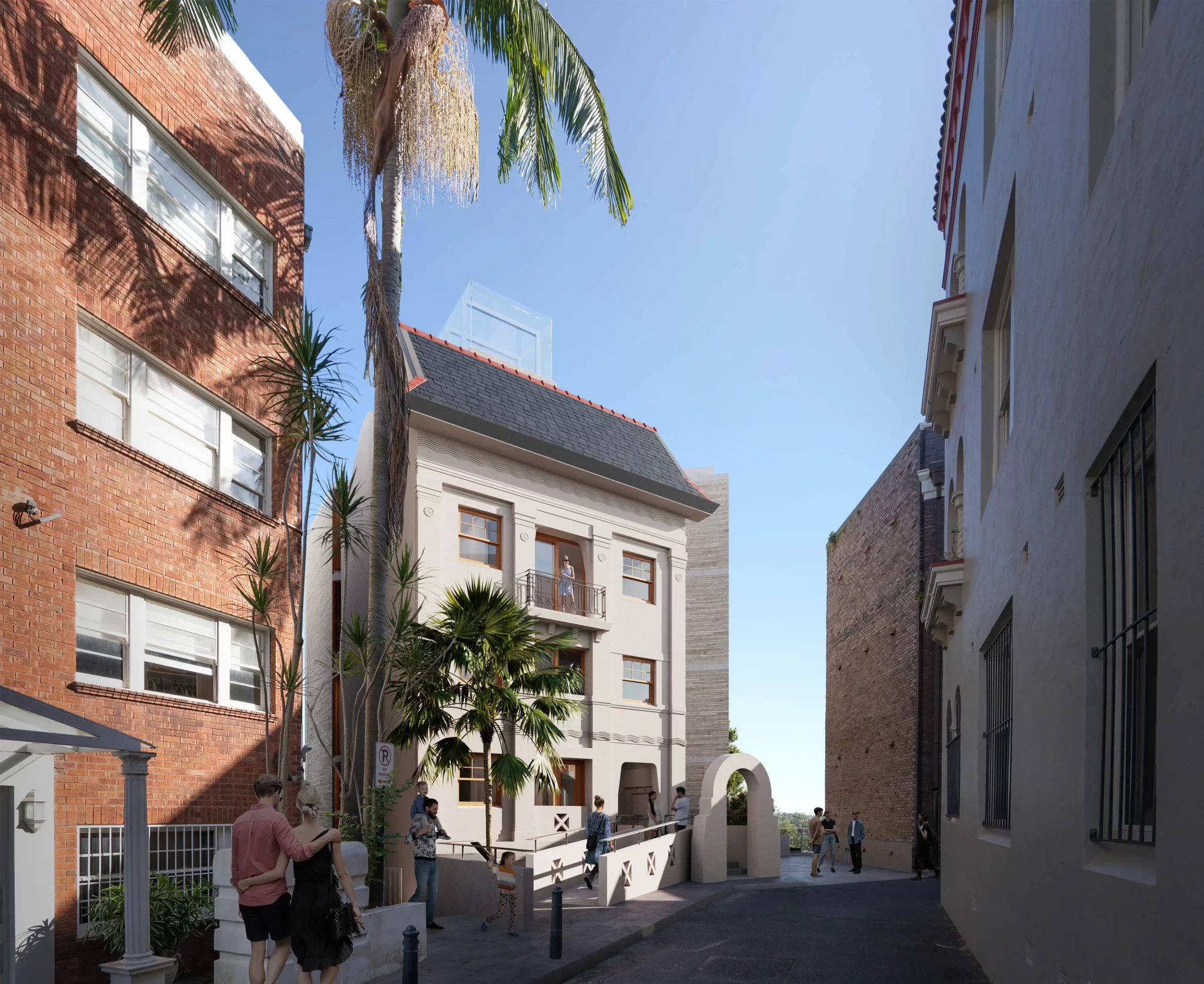 A narrow laneway in Potts Point, Sydney, featuring a mix of heritage and modern architecture. A restored classical-style building with a white façade, decorative windows, and a small balcony stands in the centre, framed by red brick and beige stucco buildings. A contemporary glass and concrete addition rises above the structure in the background. Pedestrians walk along the laneway, and a couple in casual summer clothing strolls past a row of palm trees casting long shadows.