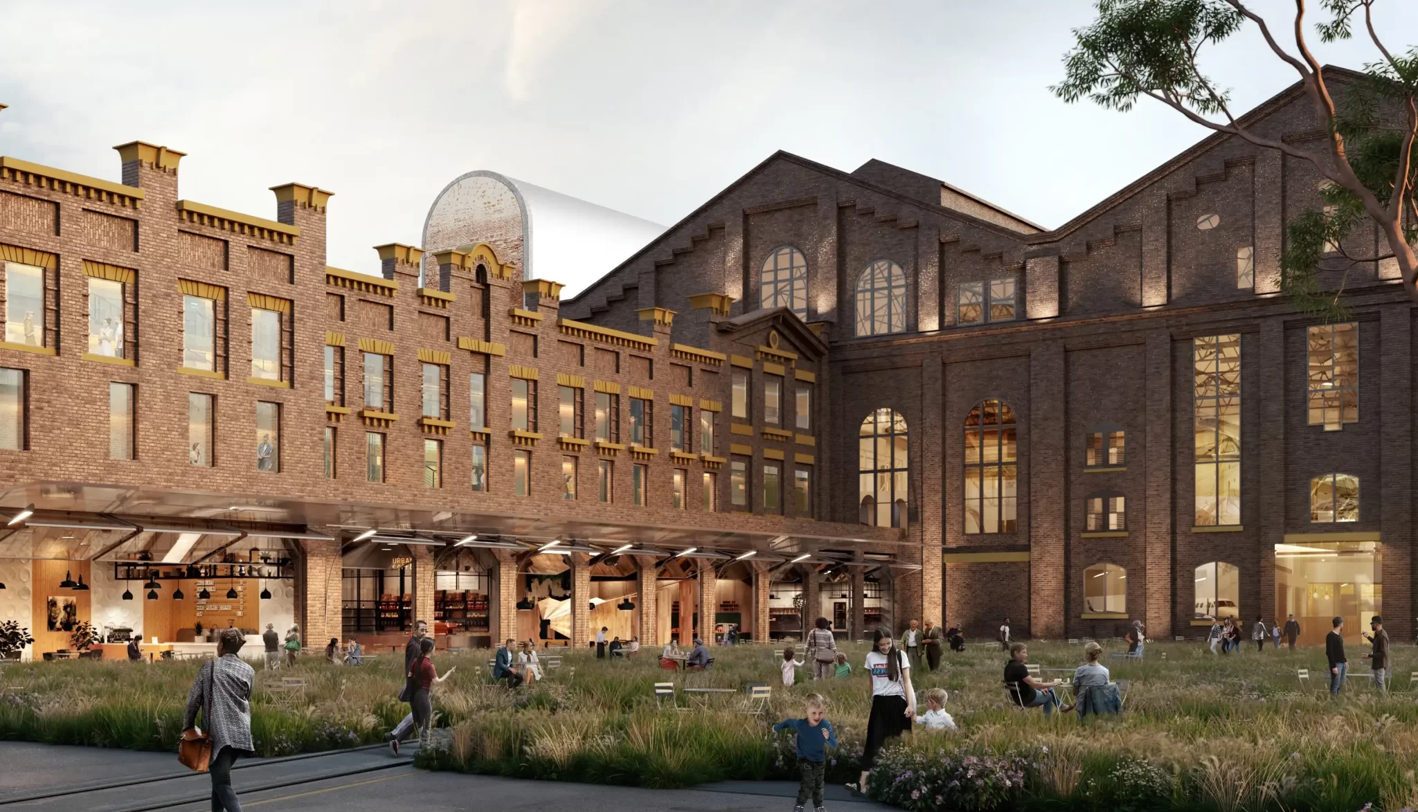 Render of the revitalised Powerhouse Ultimo museum featuring heritage brick façades, arched windows, outdoor seating and landscaped public space with people walking and sitting.