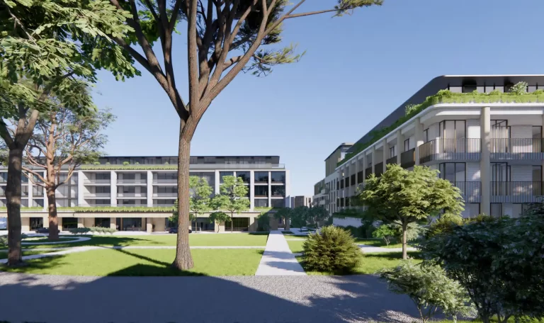 Architectural rendering of the proposed Uniting War Memorial Hospital redevelopment in Waverley, featuring modern multi-story residential buildings with green roofs, large windows, and balconies. The design incorporates landscaped courtyards, mature trees, and walking paths, creating an open and green environment.