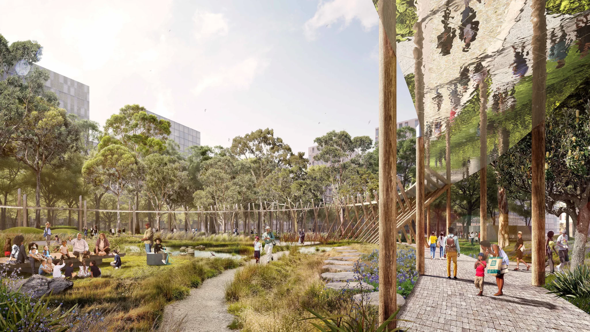 A digital rendering of Central Park in Bradfield City Centre, showing a green public space with trees, walking paths, and a shaded seating area. People of all ages are gathered in the park, engaging in social activities and leisure. A wooden structure with a reflective canopy adds a contemporary design element, blending urban development with nature. The park features native plants, open lawns, and interconnected pathways, creating a welcoming environment.
