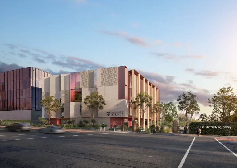 Architectural rendering of the proposed Ross Street Teaching and Learning Hub at the University of Sydney's Camperdown campus. The five-storey building features a contemporary design with a mix of glass, brick, and vertical timber-like panels. The surrounding landscape includes trees, pathways, and pedestrian areas. The entrance gate and signage for the University of Sydney are visible in the foreground, with cars passing along the adjacent road.