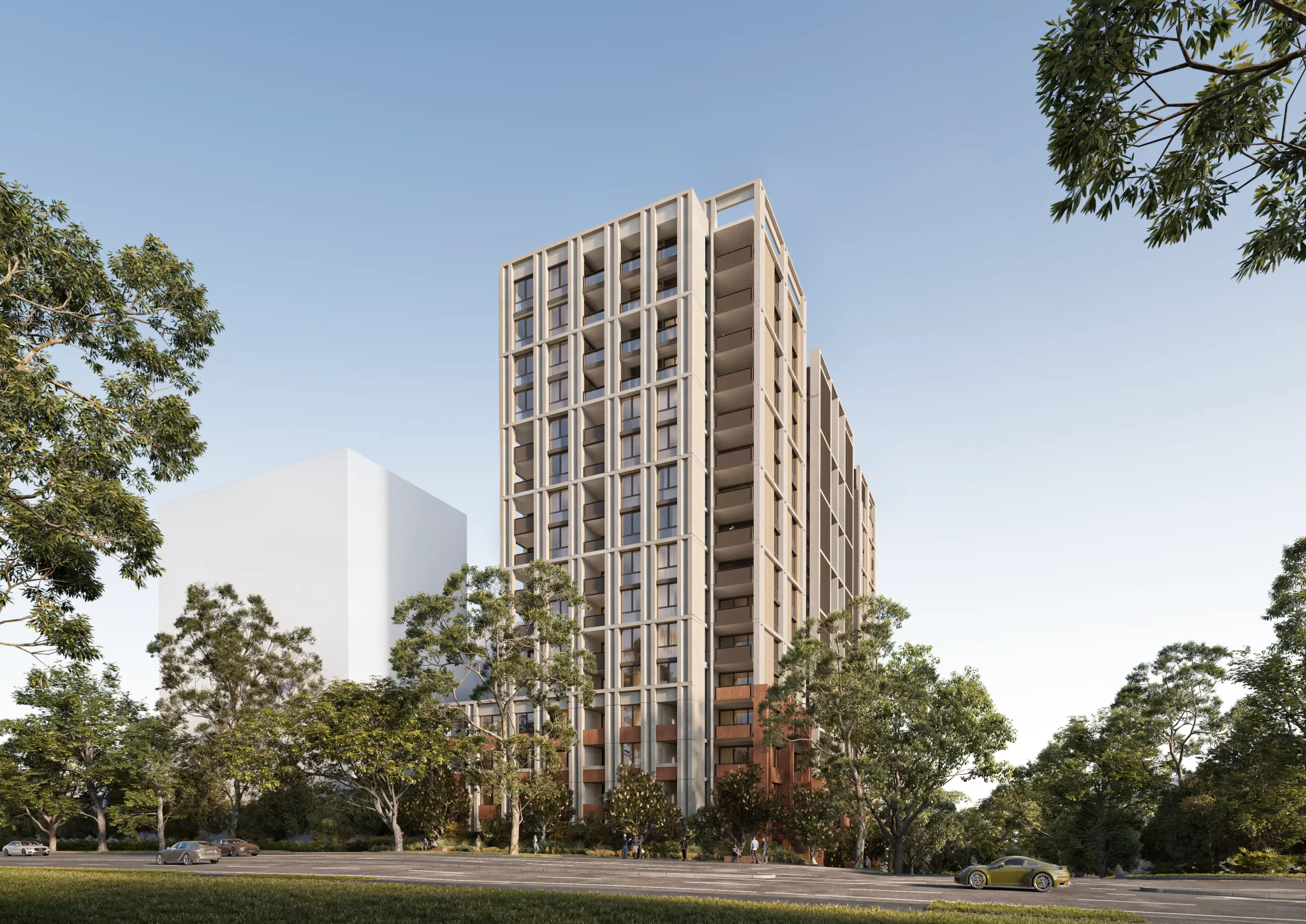 Render of a 17-storey residential apartment building with a rectilinear façade, set among mature trees in Macquarie Park.